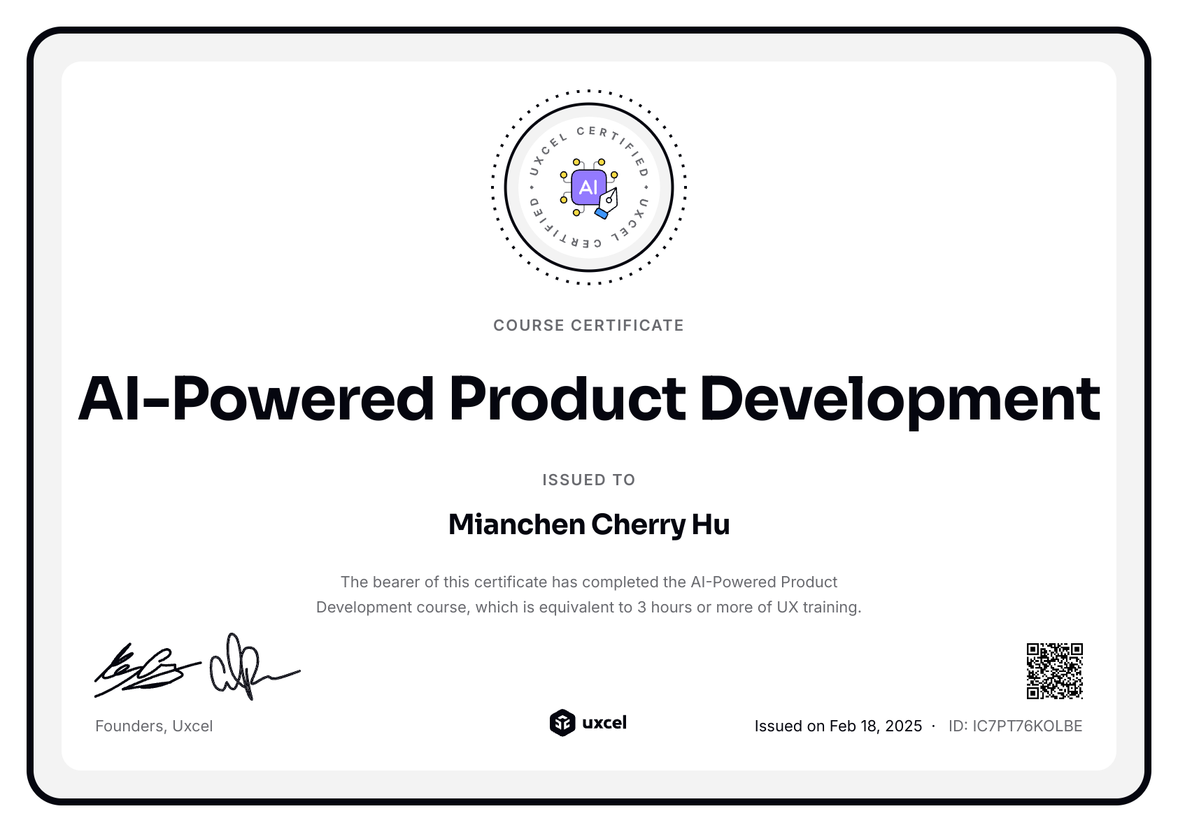 Cherry Hu's certificate